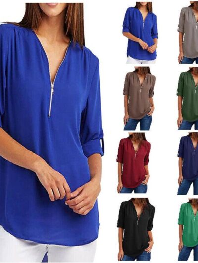 Womens-Fashion-Chiffon-Zipper-Up-Deep-V-Neck-Rolled-Long-Sleeve-Loose-Blouse-184324605640