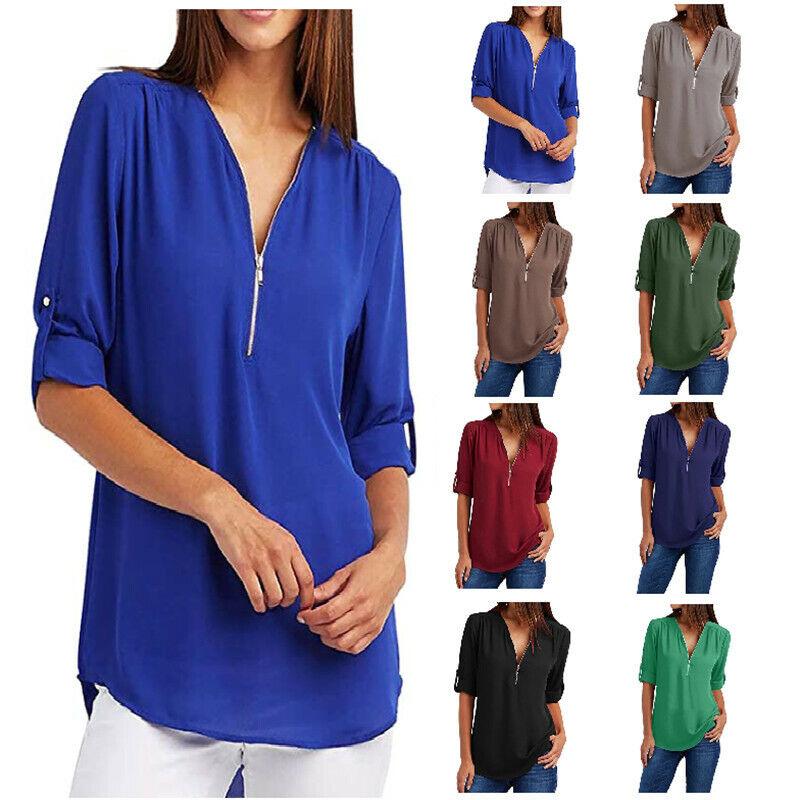 Womens-Fashion-Chiffon-Zipper-Up-Deep-V-Neck-Rolled-Long-Sleeve-Loose-Blouse-184324605640