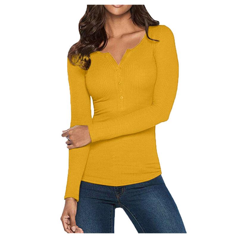 Women-V-Neck-Bodycon-Henley-Shirt-Long-Sleeve-Button-Down-Slim-Basic-Top-295894279512-2