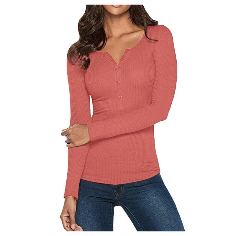 Women-V-Neck-Bodycon-Henley-Shirt-Long-Sleeve-Button-Down-Slim-Basic-Top-295894279512-3