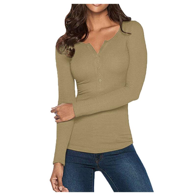 Women-V-Neck-Bodycon-Henley-Shirt-Long-Sleeve-Button-Down-Slim-Basic-Top-295894279512-4