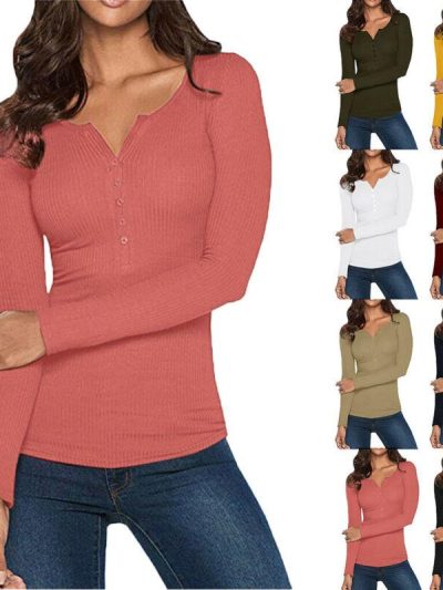Women-V-Neck-Bodycon-Henley-Shirt-Long-Sleeve-Button-Down-Slim-Basic-Top-295894279512