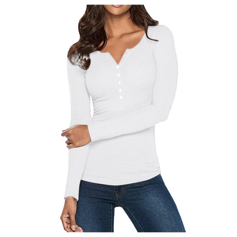 Women-V-Neck-Bodycon-Henley-Shirt-Long-Sleeve-Button-Down-Slim-Basic-Top-295894279512-5