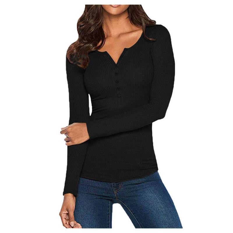 Women-V-Neck-Bodycon-Henley-Shirt-Long-Sleeve-Button-Down-Slim-Basic-Top-295894279512-7