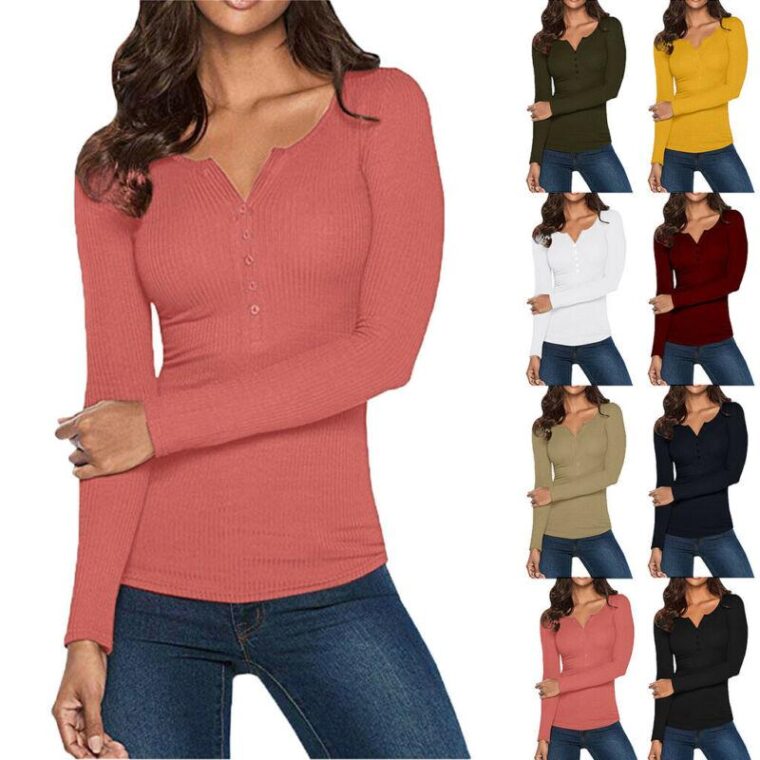 Women-V-Neck-Bodycon-Henley-Shirt-Long-Sleeve-Button-Down-Slim-Basic-Top-295894279512
