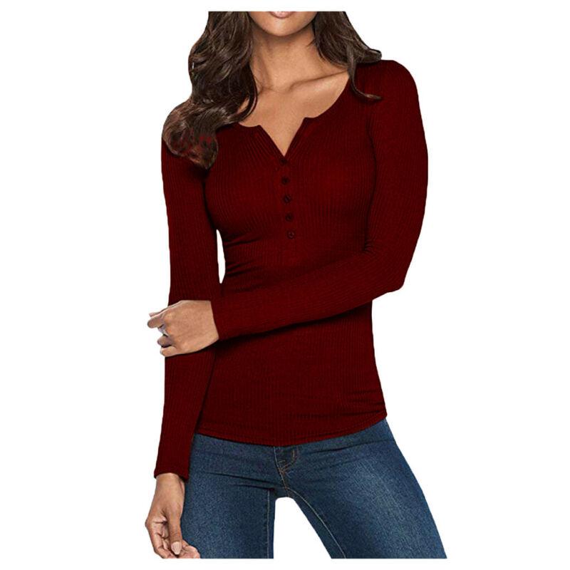 Women-V-Neck-Bodycon-Henley-Shirt-Long-Sleeve-Button-Down-Slim-Basic-Top-295894279512-8