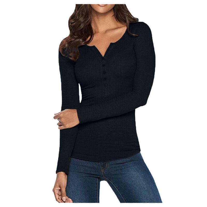 Women-V-Neck-Bodycon-Henley-Shirt-Long-Sleeve-Button-Down-Slim-Basic-Top-295894279512-9