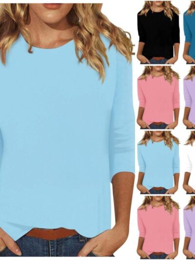 Womens-Fashion-Casual-Three-Quarter-Sleeve-T-Shirt-Solid-O-Neck-Tops-315054475463