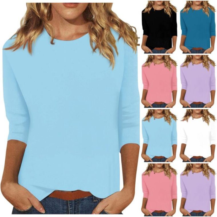 Womens-Fashion-Casual-Three-Quarter-Sleeve-T-Shirt-Solid-O-Neck-Tops-315054475463