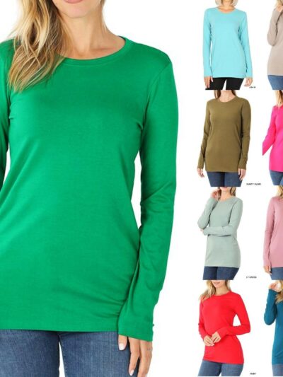 Womens-Cotton-T-Shirt-Crew-Neck-Stretch-Casual-Tunic-Long-Sleeve-Plain-Basic-Top-174875579264