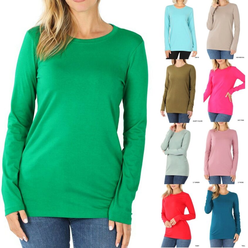 Womens-Cotton-T-Shirt-Crew-Neck-Stretch-Casual-Tunic-Long-Sleeve-Plain-Basic-Top-174875579264
