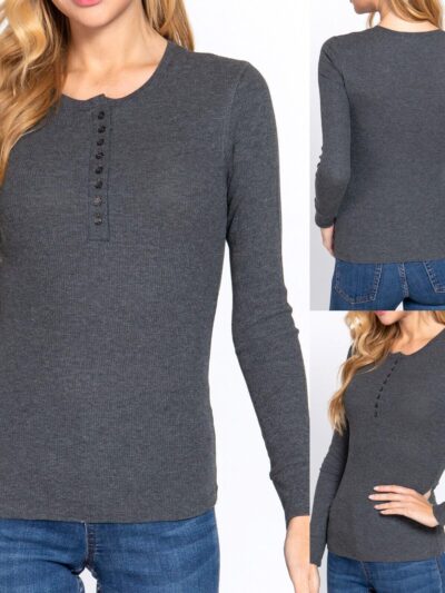 Womens-Henley-Warm-Soft-Thermal-Top-Button-T-Shirt-Waffle-Knit-Layering-175931213924