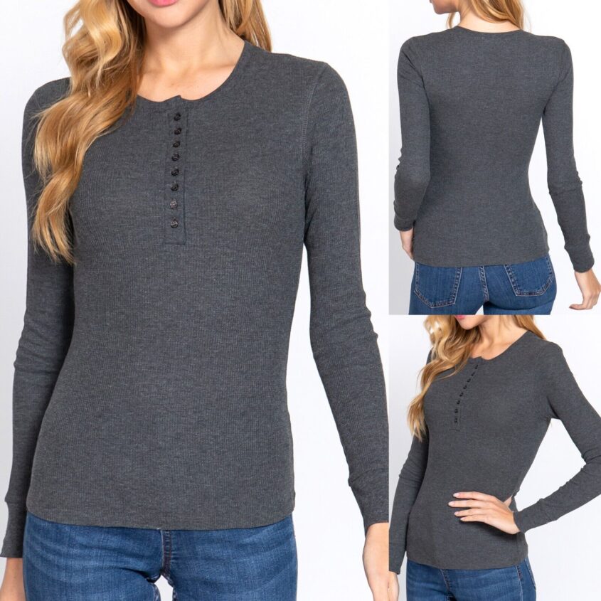 Womens-Henley-Warm-Soft-Thermal-Top-Button-T-Shirt-Waffle-Knit-Layering-175931213924