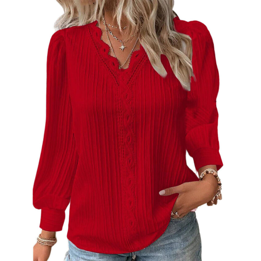 Autumn-Womens-Long-Sleeve-Solid-Pullover-V-Neck-T-shirts-Pleated-Blouse-Tops-US-395176806746-20