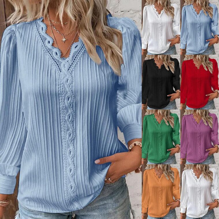 Autumn-Womens-Long-Sleeve-Solid-Pullover-V-Neck-T-shirts-Pleated-Blouse-Tops-US-395176806746
